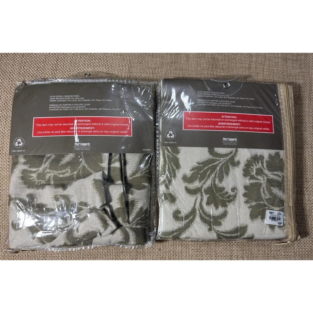 Pier 1 Olive Scroll Curtain Set Panel Curtain Linen Blend 52x84 Ikat Floral Boho